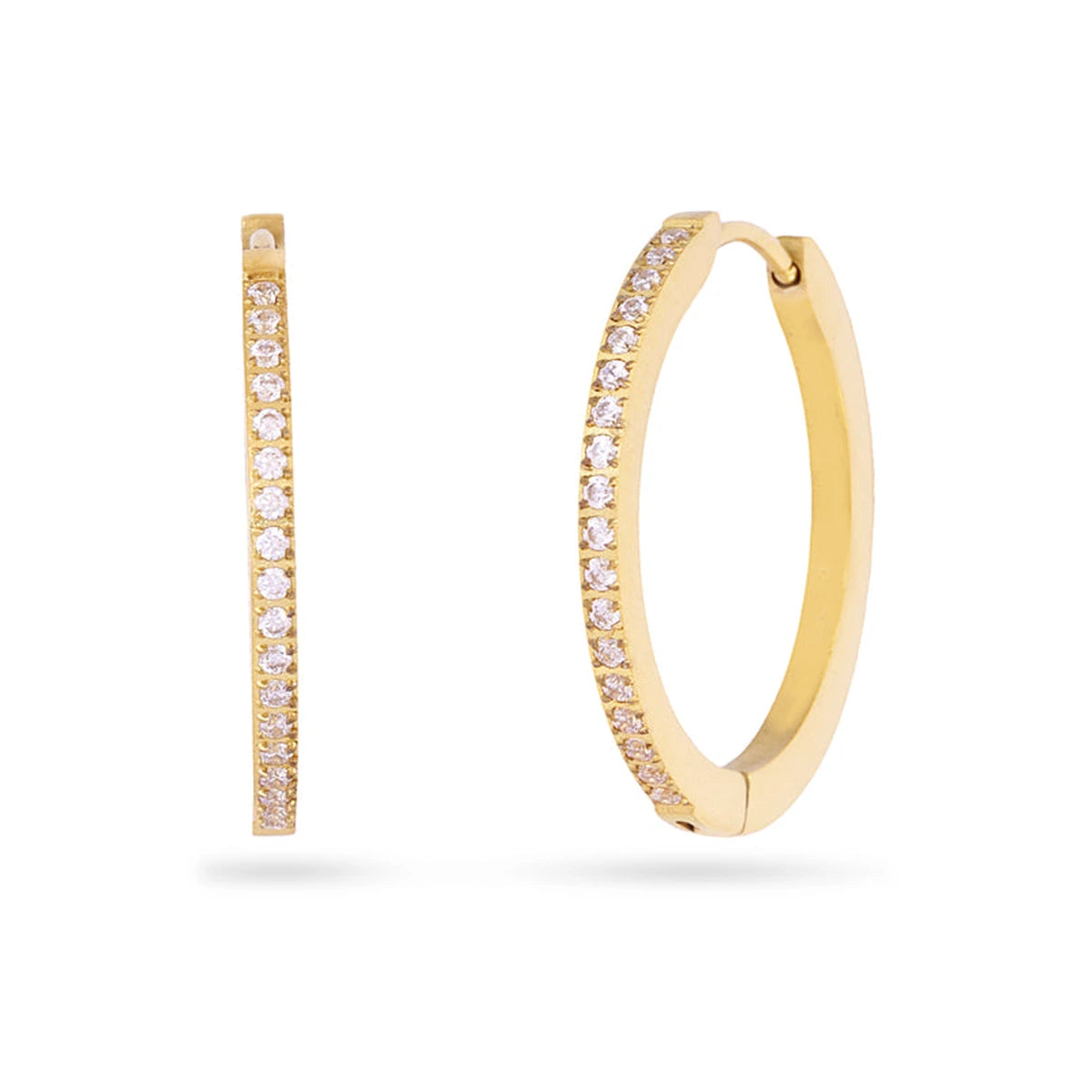 Aros con Circonitas Blancas 25 mm en dorado, de frente y de perfil