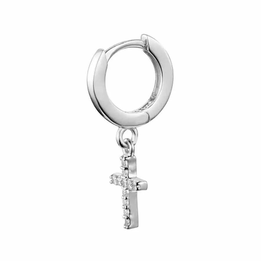 Pendiente aro mini con cruz de circonitas visto de cerca, diseño fino y luminoso