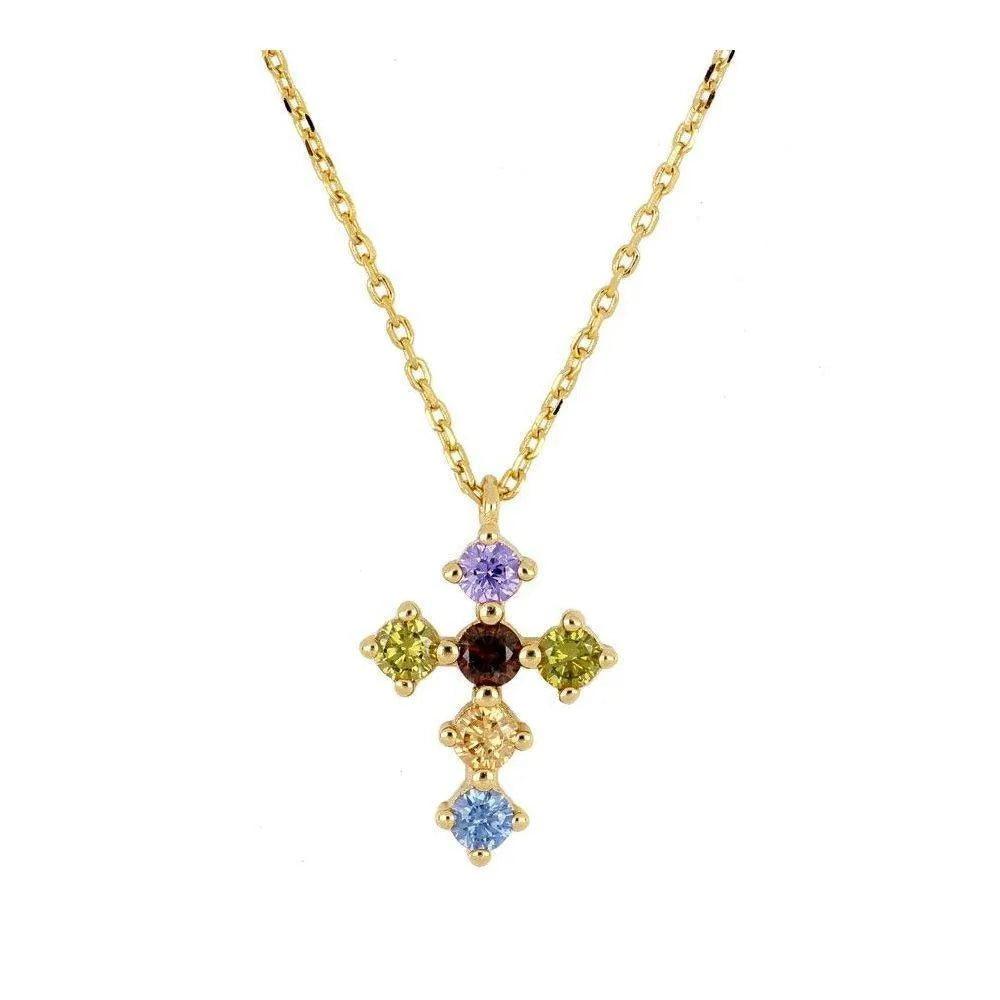 Collar cruz multicolor con circonitas en forma de rombo sobre cadena dorada, joya elegante de Cobalto Accesorios