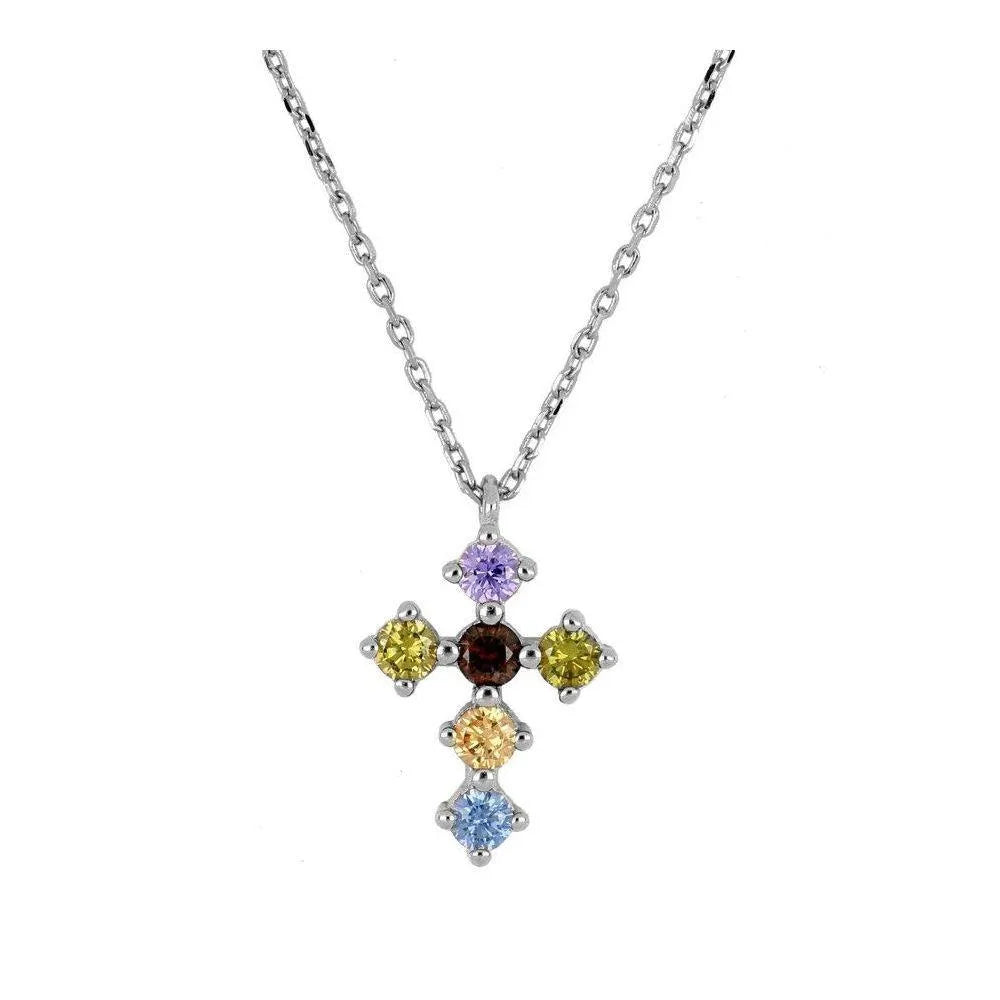 Collar cruz multicolor con circonitas en forma de rombo sobre cadena plateada, joya elegante de Cobalto Accesorios