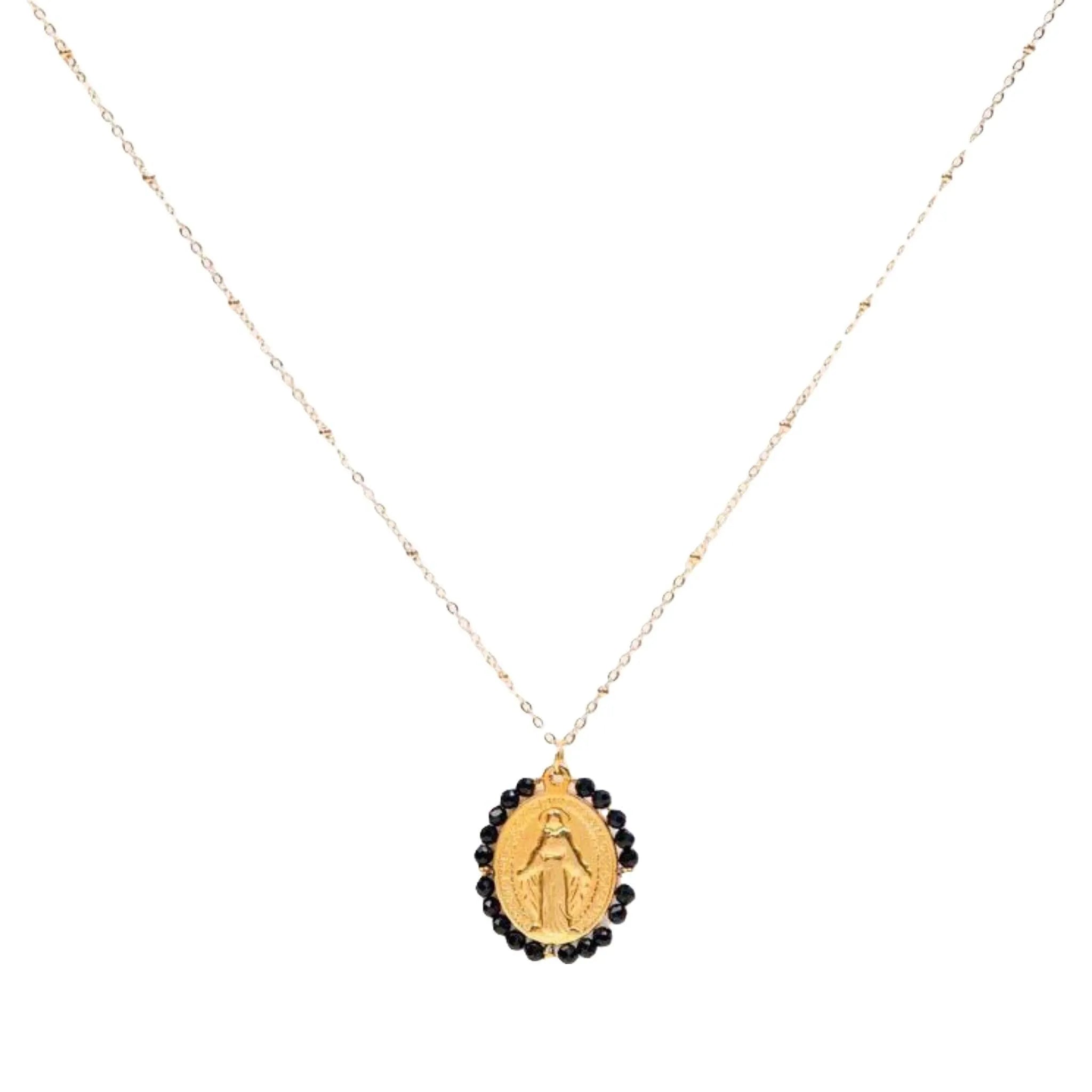 Collar Virgen Milagrosa y piedras, diseño dorado con medalla central y cuentas de color