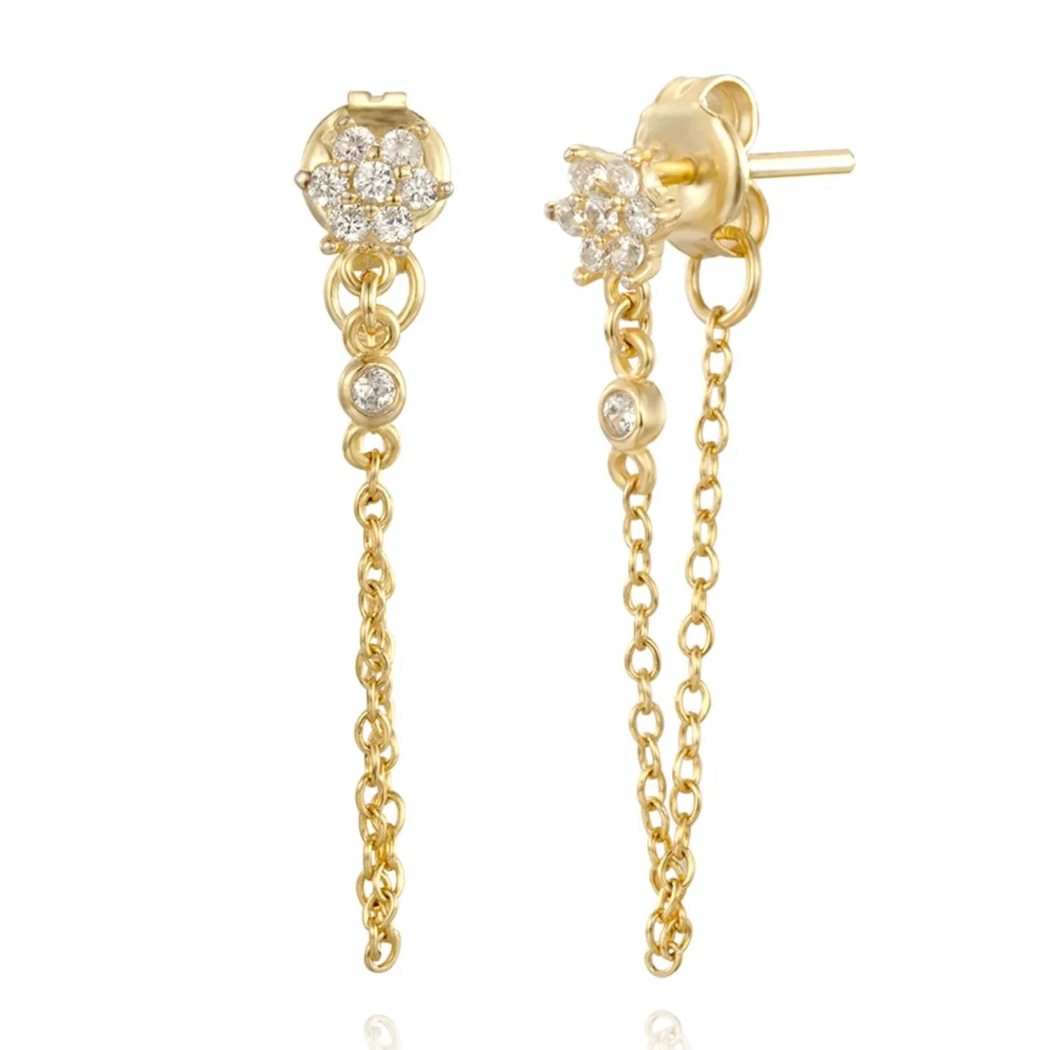 Pendiente flor con cadena y circonitas, diseño delicado con caída para un look especial