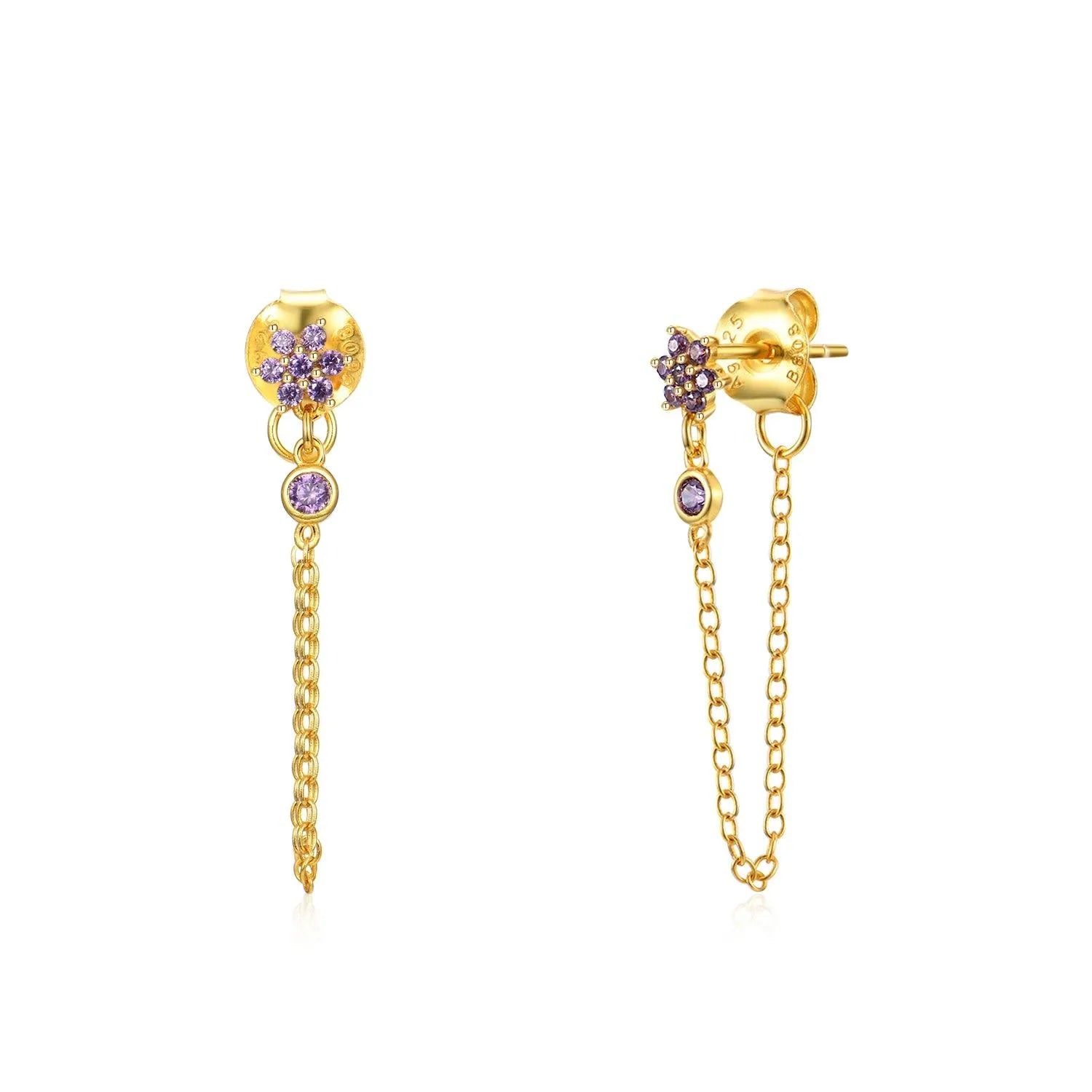 Pendiente flor con cadena y circonitas visto de cerca, diseño femenino y luminoso
