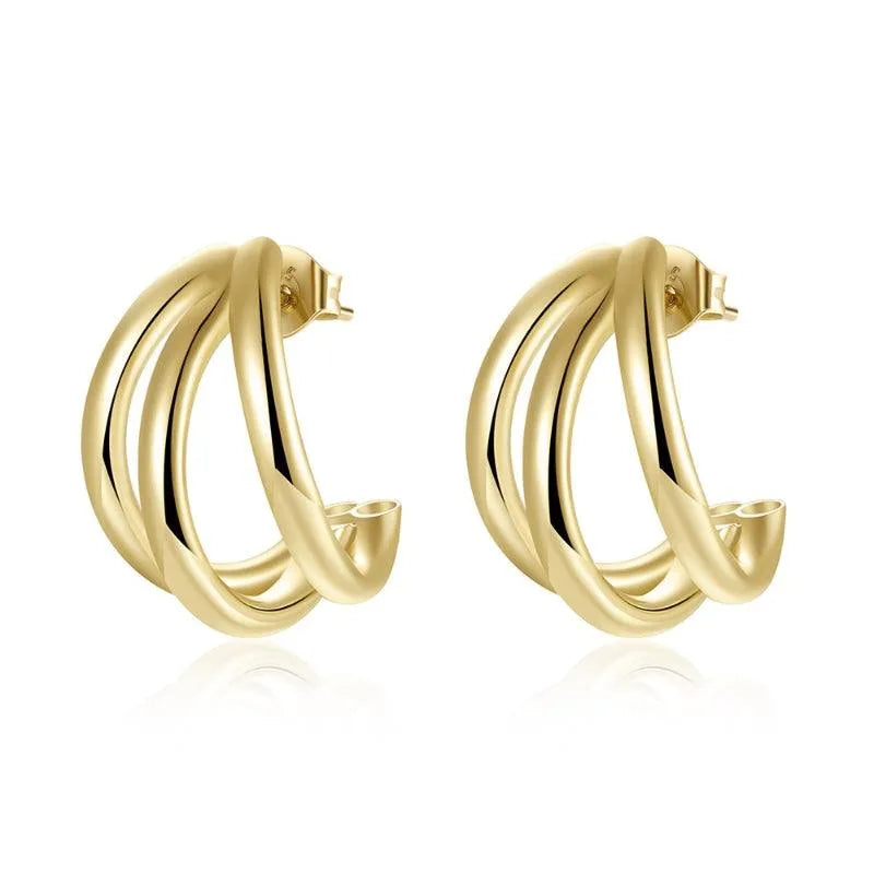 Pendientes aro triple en plata de ley y oro 18K, diseño elegante con volumen