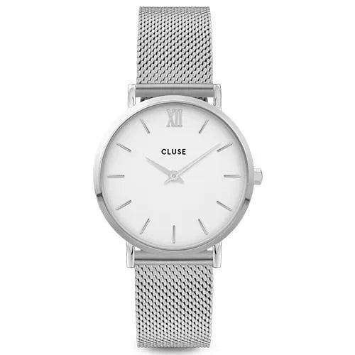 Reloj Cluse Minuit Mesh blanco y plata en vista principal