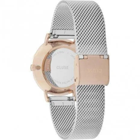Reloj Cluse Minuit Mesh oro rosa y plata visto de cerca
