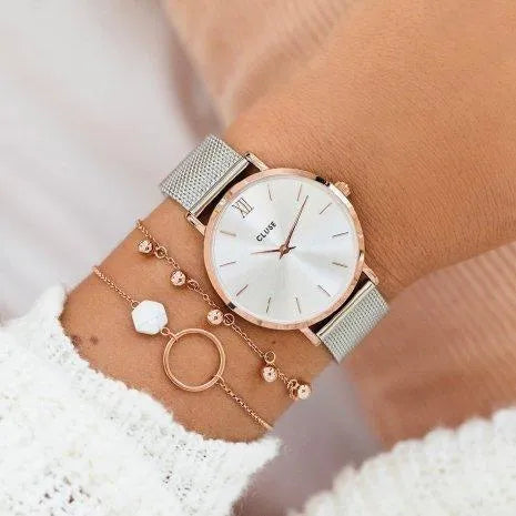 Vista adicional del reloj Cluse Minuit Mesh oro rosa y plata