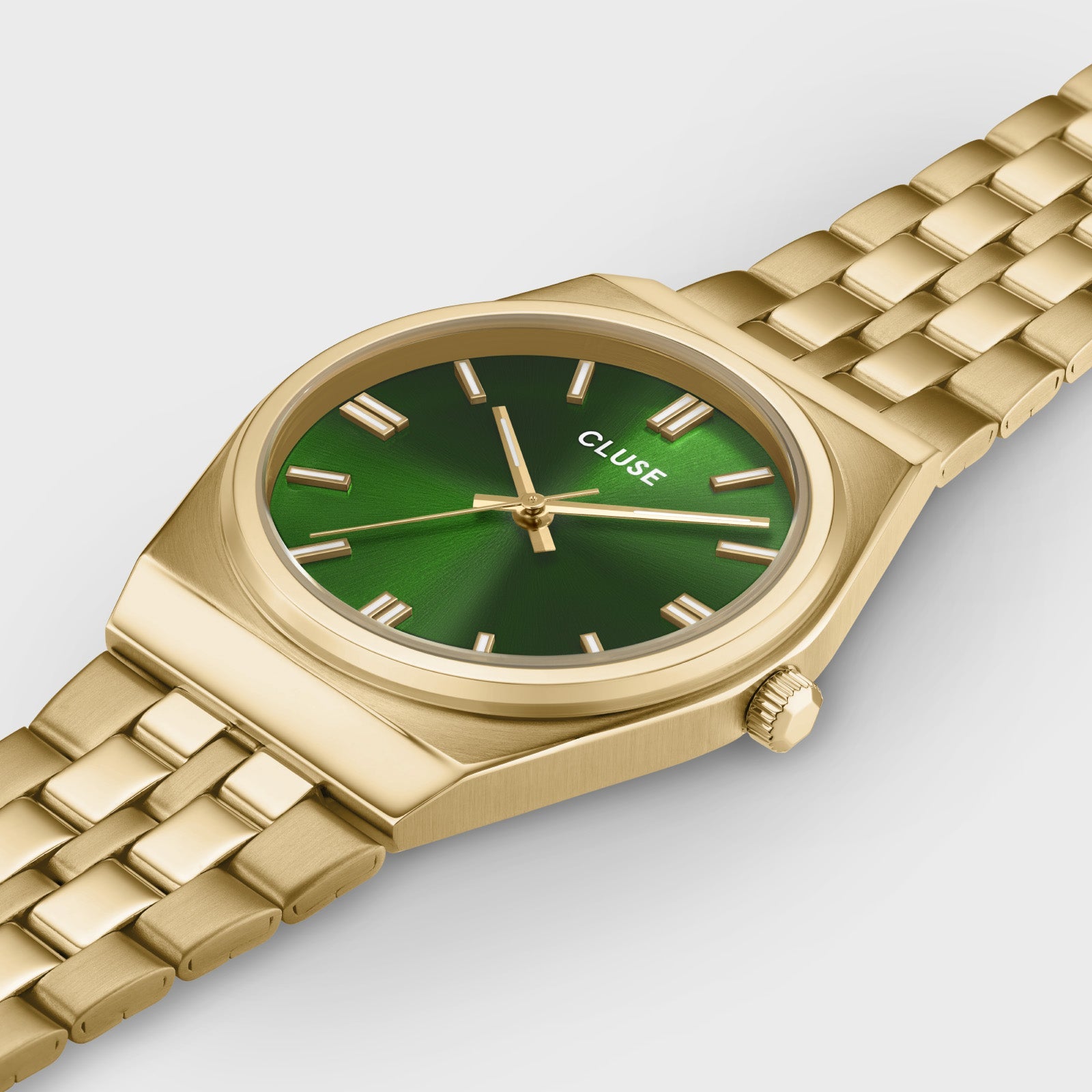 Vista lateral del Reloj Cluse Retro 70's con esfera verde y diseño retro