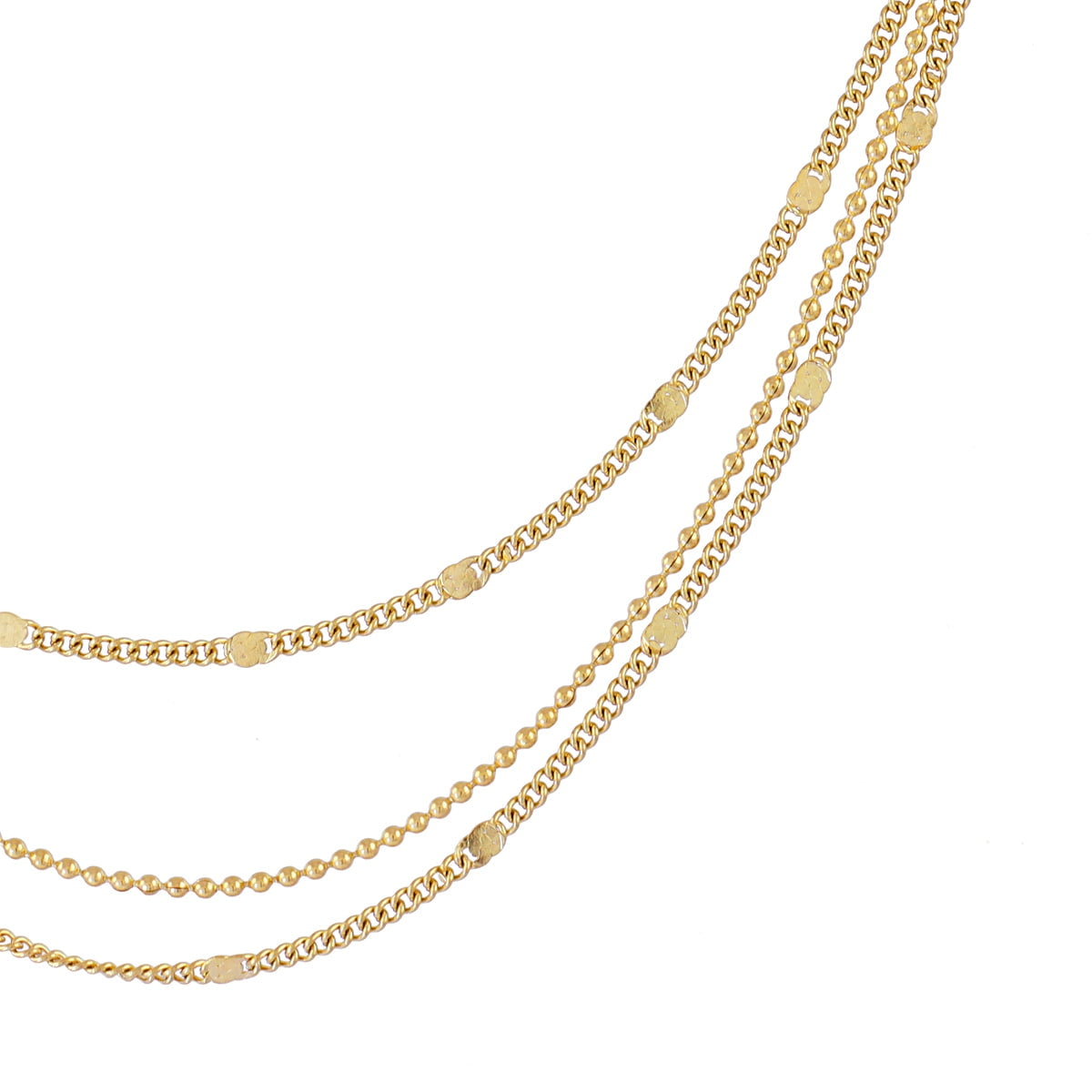 Vista detalle del collar dorado de tres cadenas Rainfall Lumira en acero quirúrgico