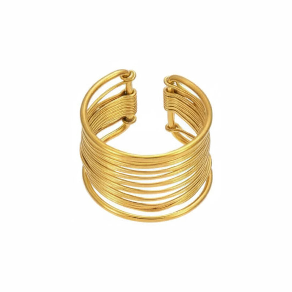 Anillo Liso Abierto Hilos Entrelazados Acero 316L en dorado, anillo abierto con varias líneas