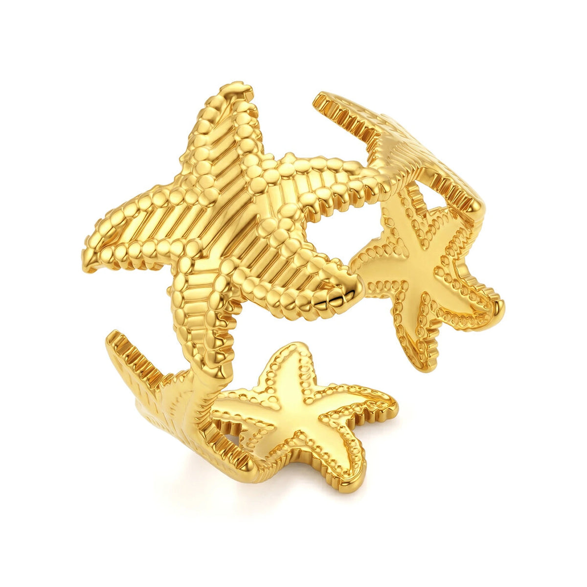 Anillo Estrella de Mar Abierto Acero en dorado, anillo abierto con estrellas de mar