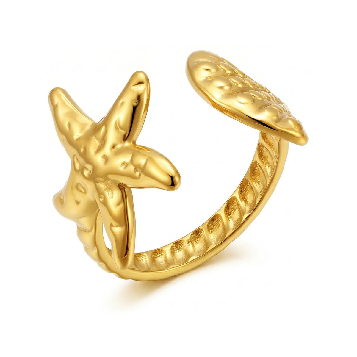 Anillo Estrella de Mar y Concha Acero en dorado, anillo abierto con estrella y concha