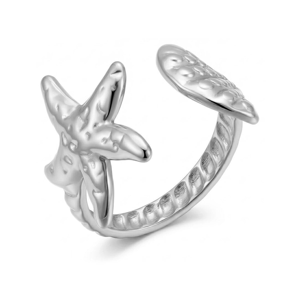 Anillo Estrella de Mar y Concha Acero en plateado, anillo abierto con estrella y concha