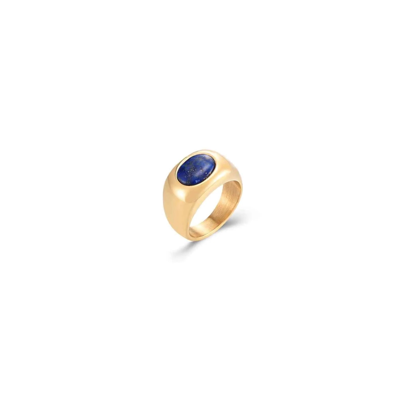 Vista adicional del anillo ovalado con piedras naturales, acabado dorado y diseño elegante