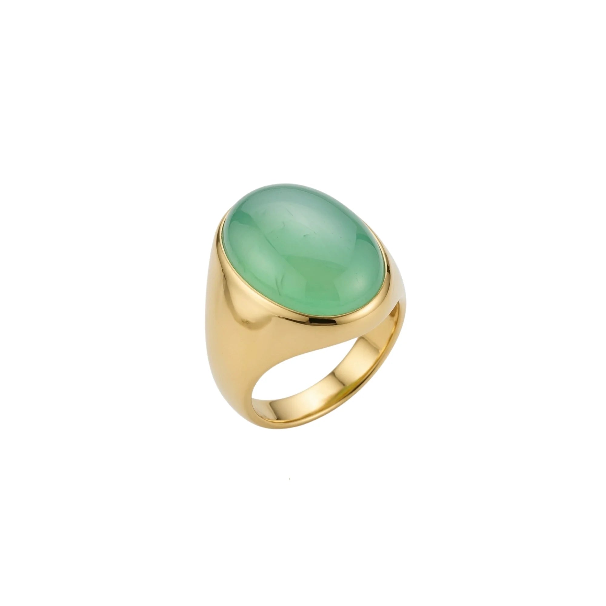 Anillo óvalo XL con calcedonia natural en montura de bronce dorado, vista frontal