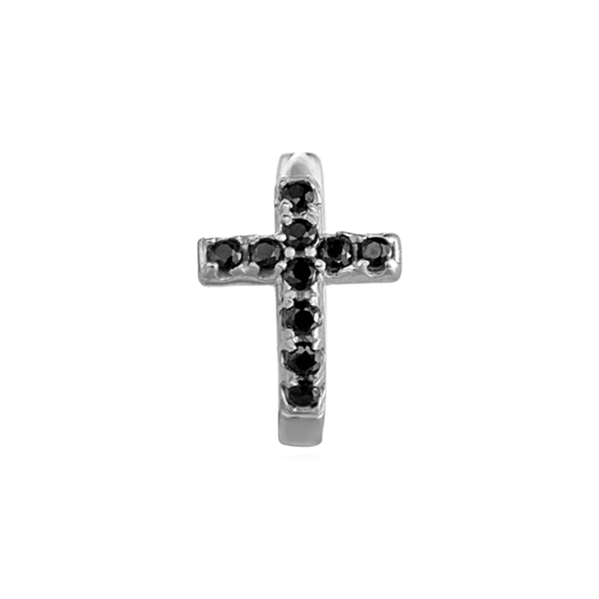 Aro Cruz con Circonitas en plata, negra, de frente con cruz de circonitas