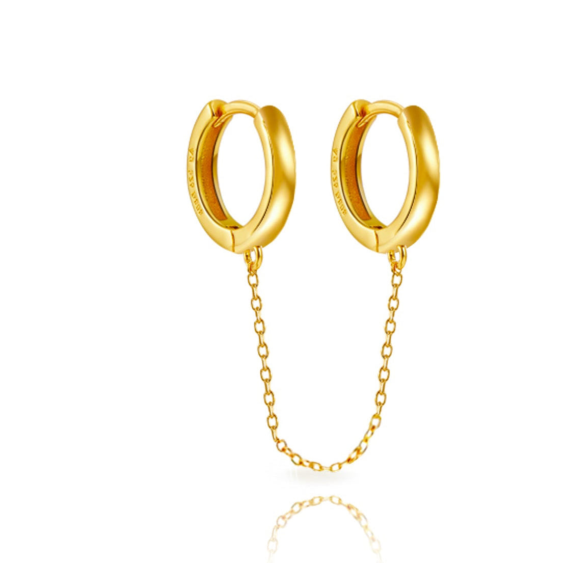 Aro doble con cadena de plata 925 baño oro 18k, dos aros unidos por cadena (unidad)