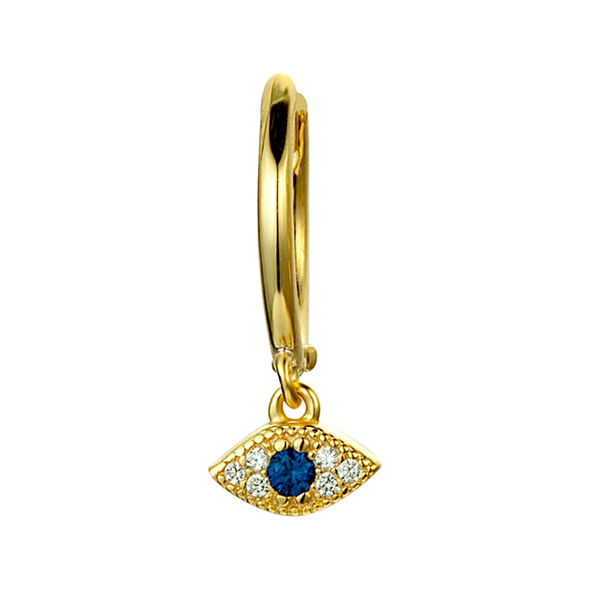 Aro Ojo Circonitas Azul y Blancas en dorado, de frente con ojo colgante