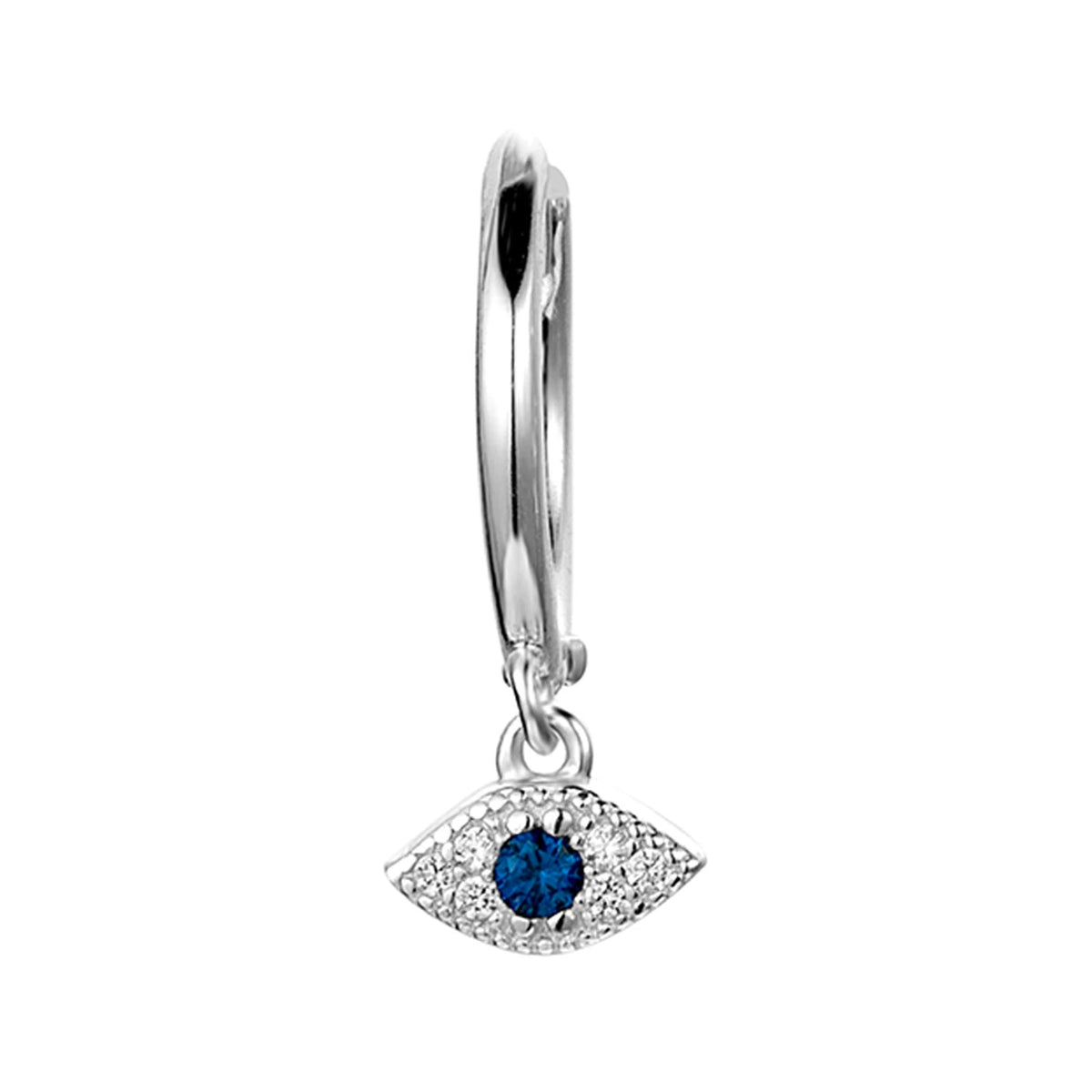 Aro Ojo Circonitas Azul y Blancas en plata, de frente con ojo colgante