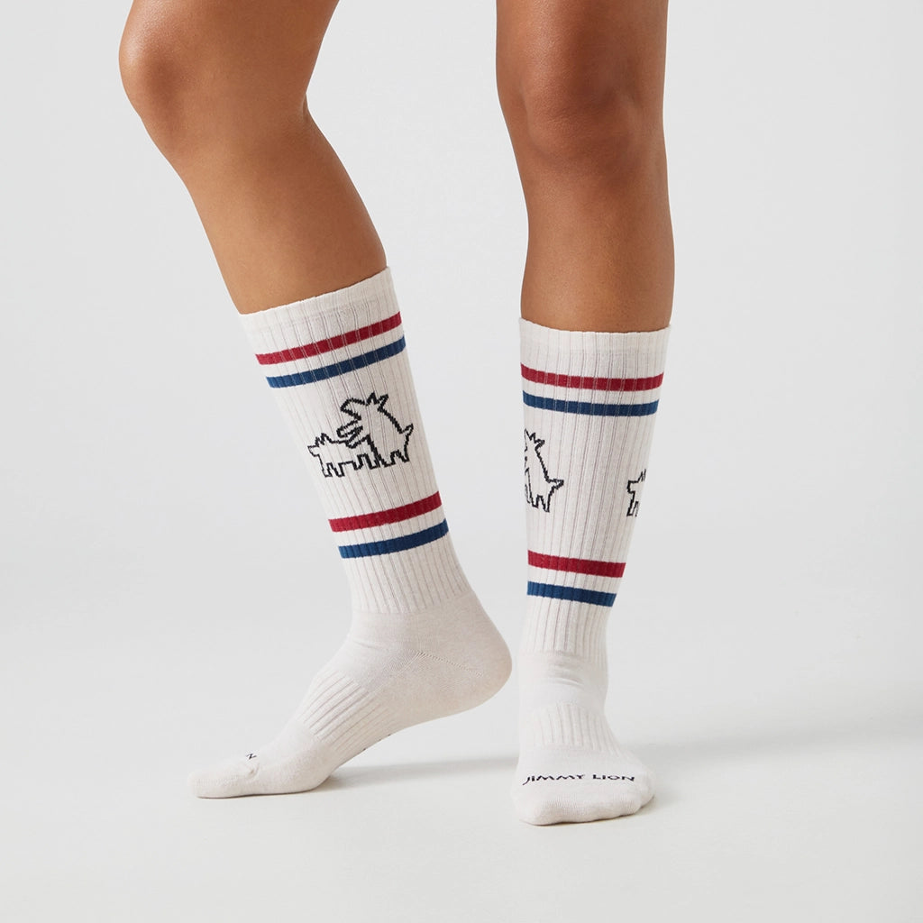 Calcetines Jimmy Lion Keith Two Dogs en modelo, estilo deportivo unisex inspirado en arte pop de Keith Haring
