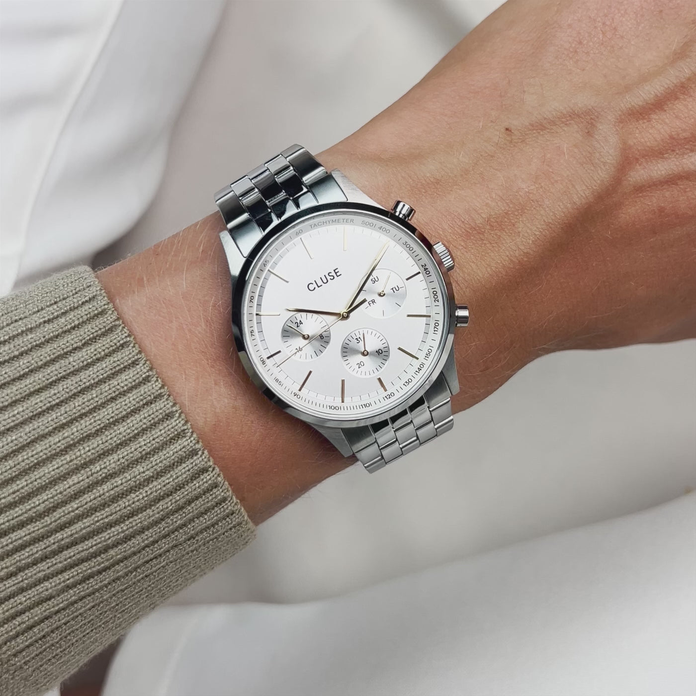 Reloj de hombre Cluse Anthéor Multifunción en acero inoxidable, diseño elegante con esfera plateada y detalles dorados