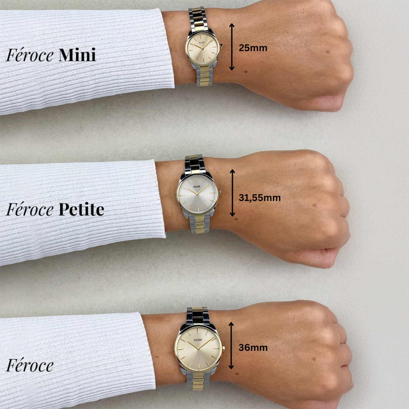Comparativa en muñeca de tamaños CLUSE Féroce, Féroce Petite y Féroce Mini