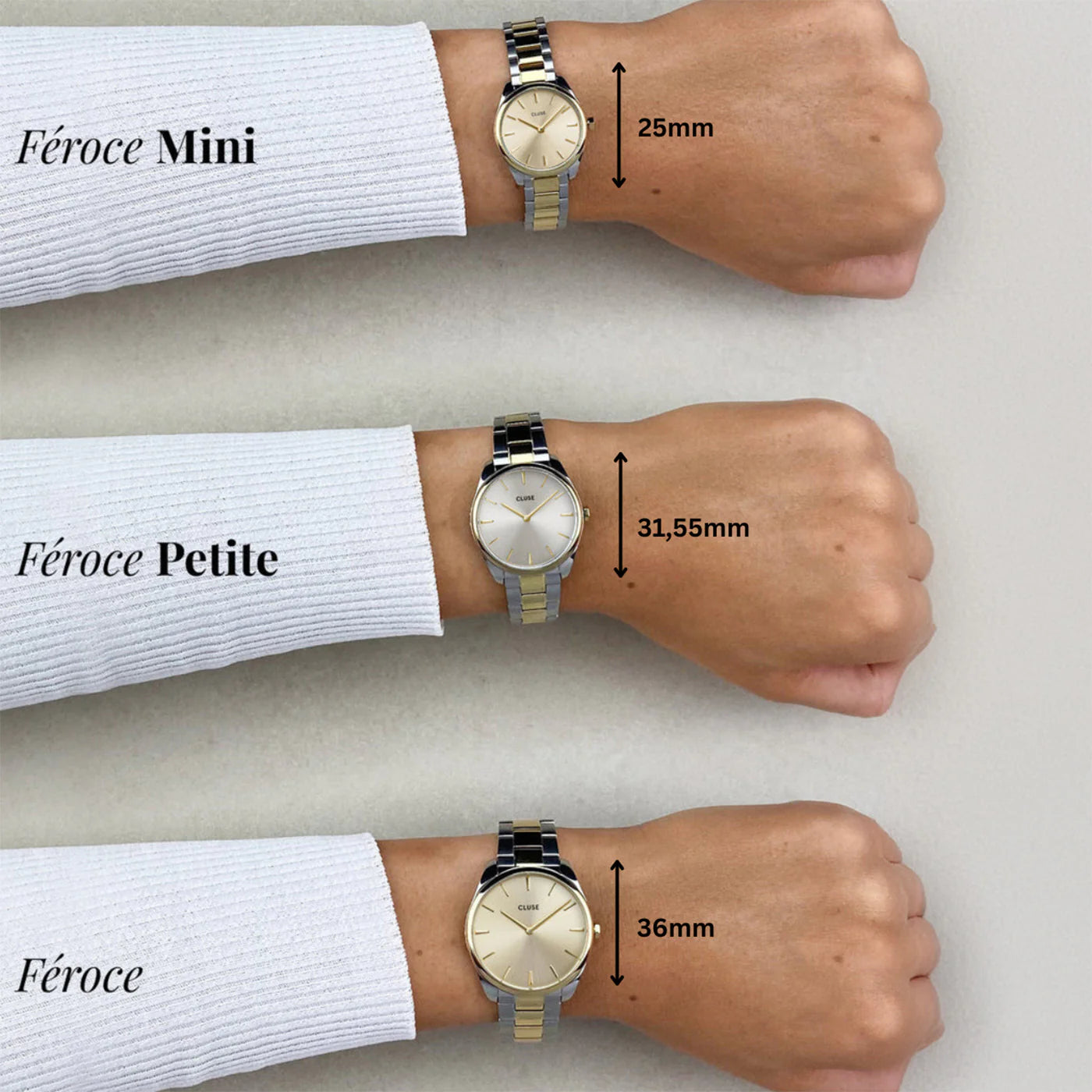 Comparativa de tamaños Cluse Féroce Mini 25mm, Féroce Petite y Féroce 36mm