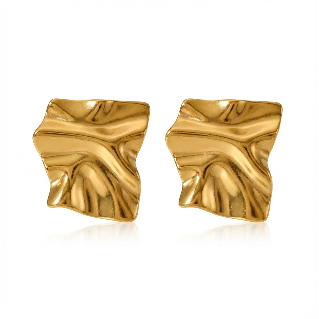 Pendientes orgánicos cuadrados dorados en acero 316L con relieve y cierre de tuerca