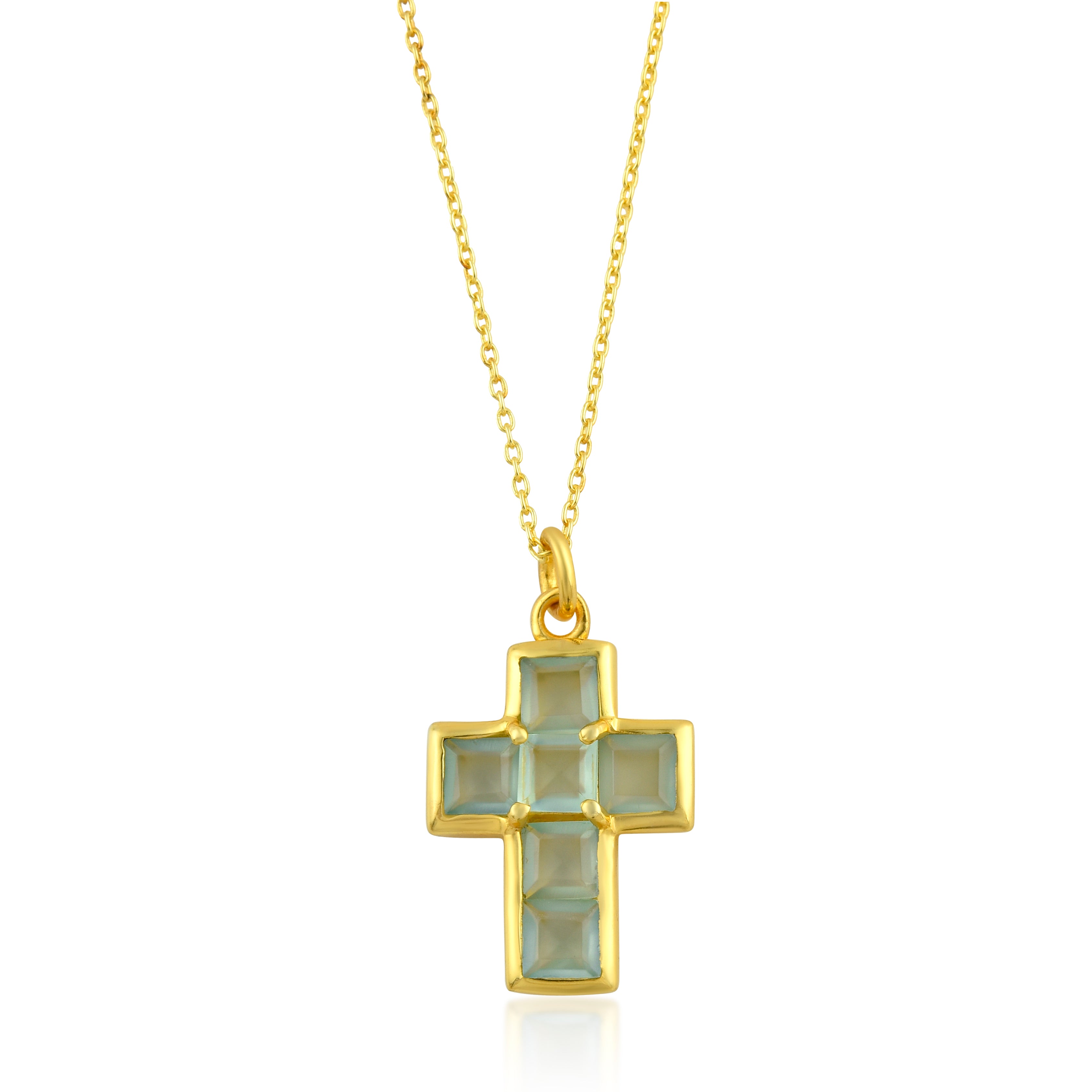 Collar cruz con piedras naturales de calcedonia, diseño dorado con colgante pequeño y delicado
