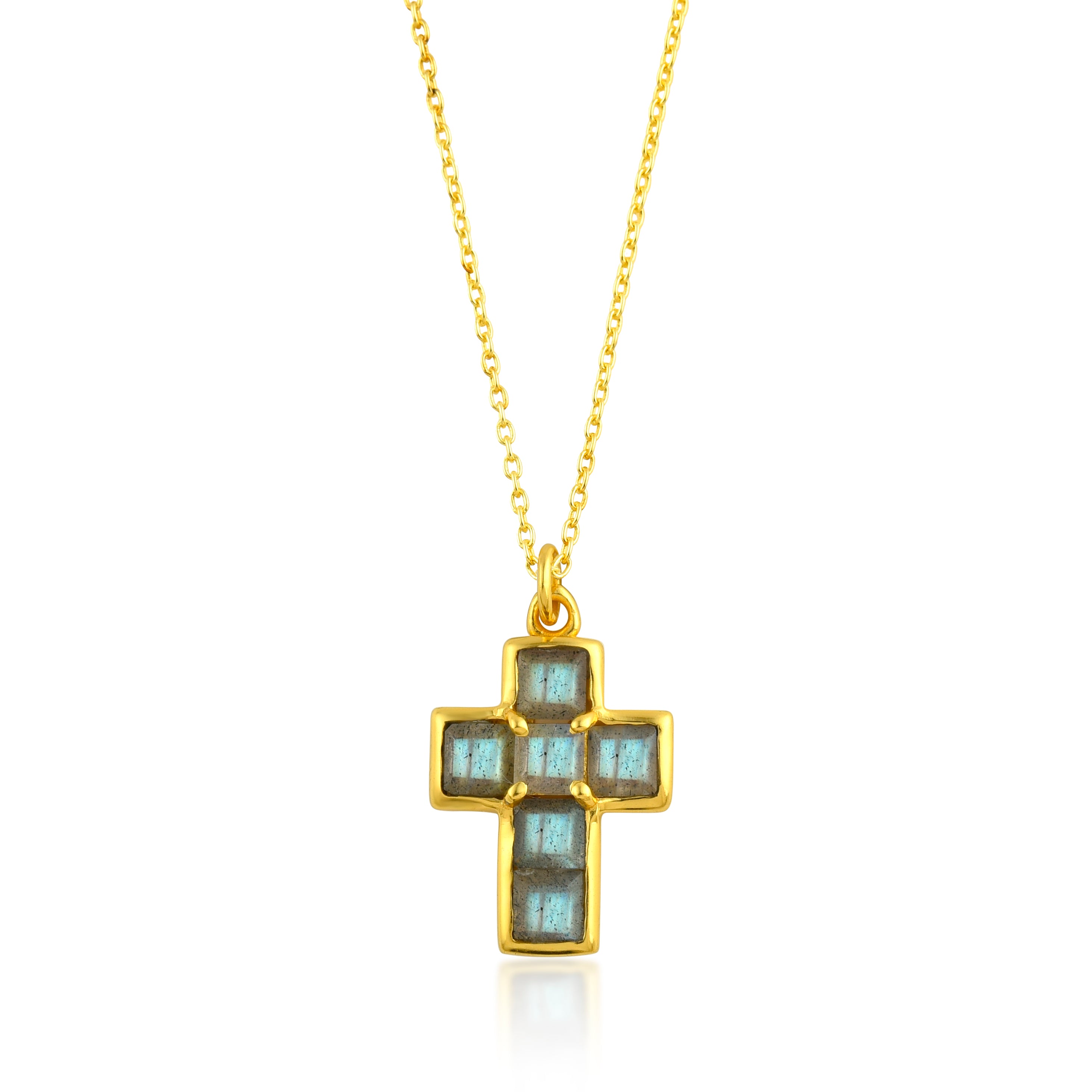 Collar cruz con piedras naturales de labradorita, diseño dorado con colgante religioso delicado
