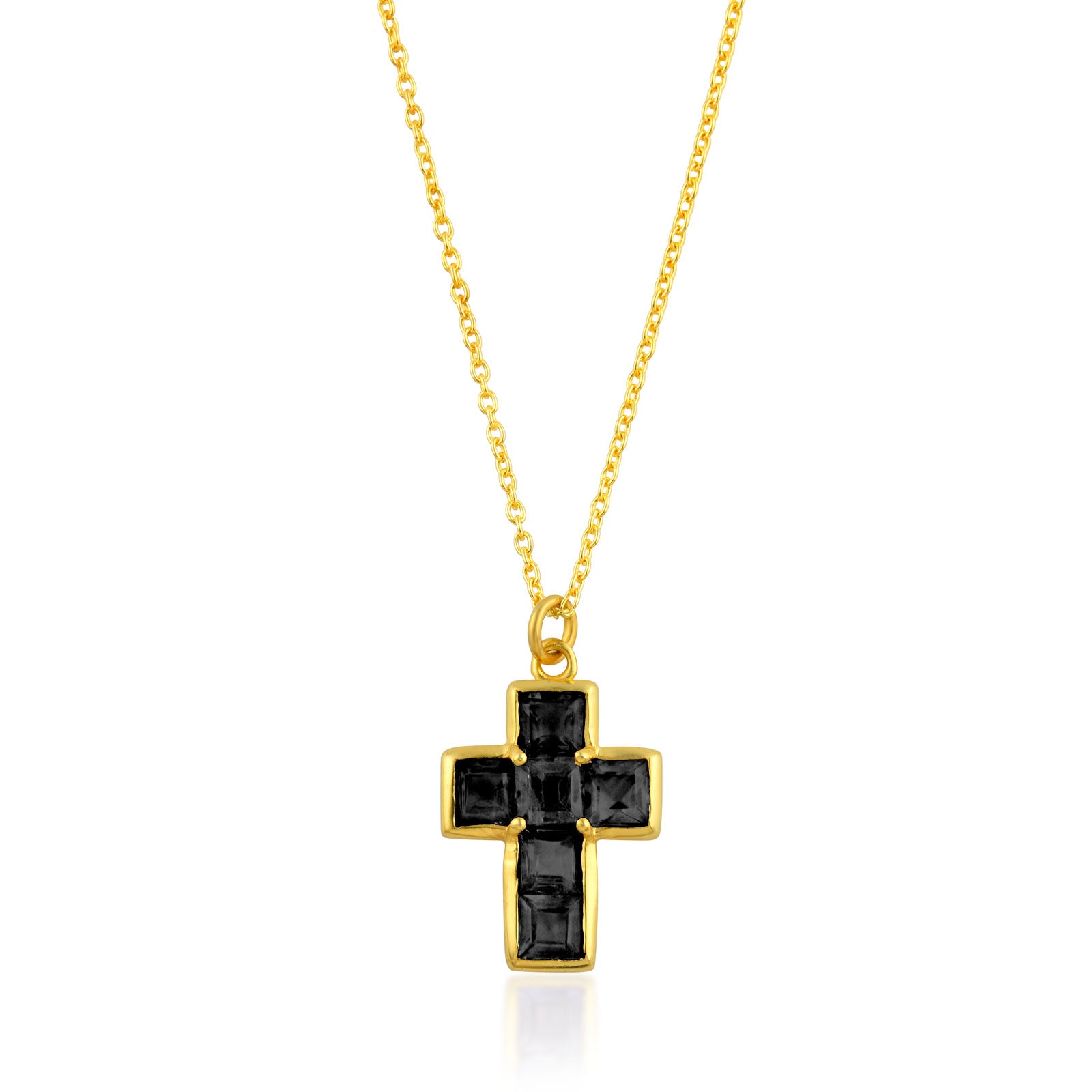 Collar cruz con piedras naturales de ónix negro, diseño dorado con contraste elegante y actual