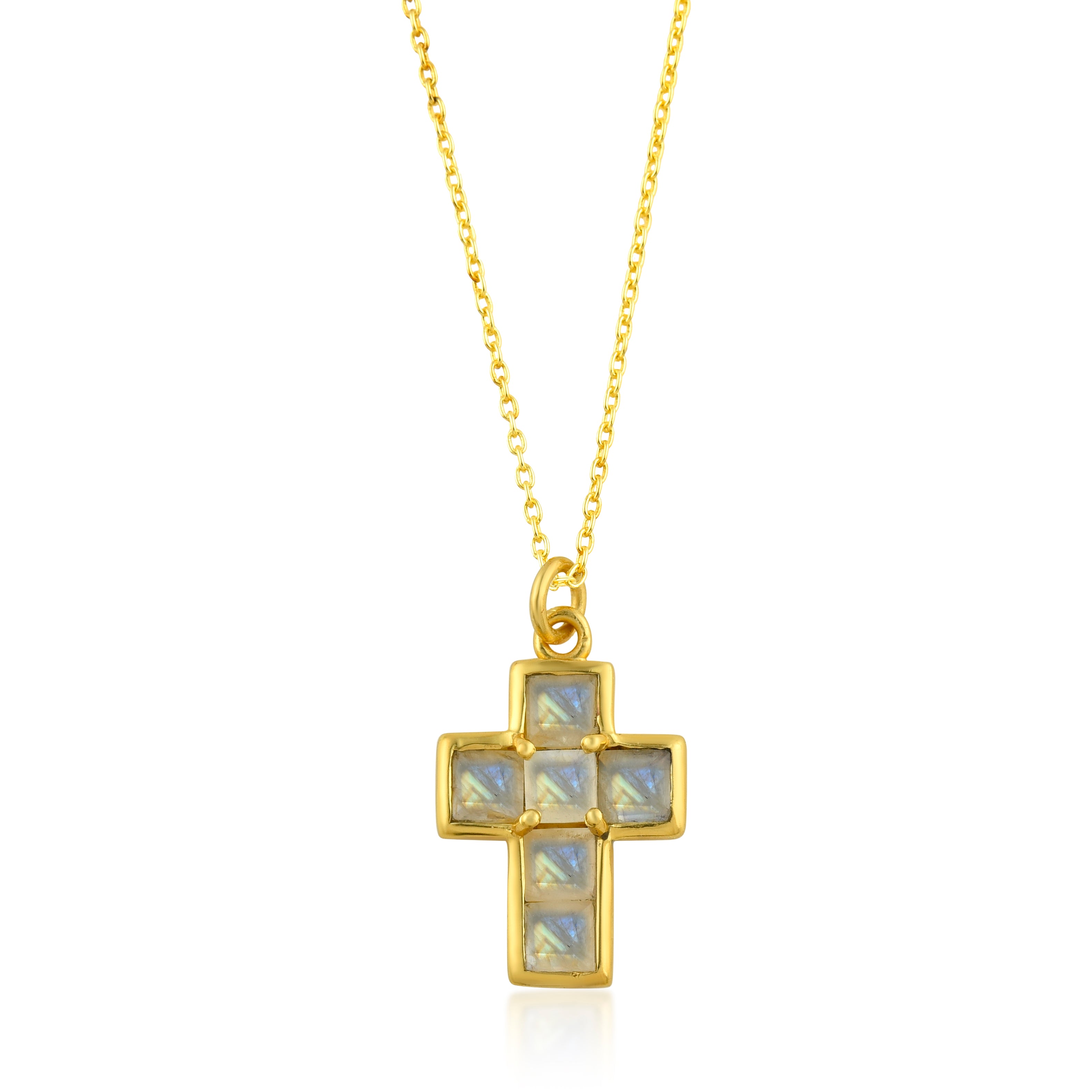 Collar cruz con piedras naturales de piedra luna, diseño dorado suave y luminoso para diario