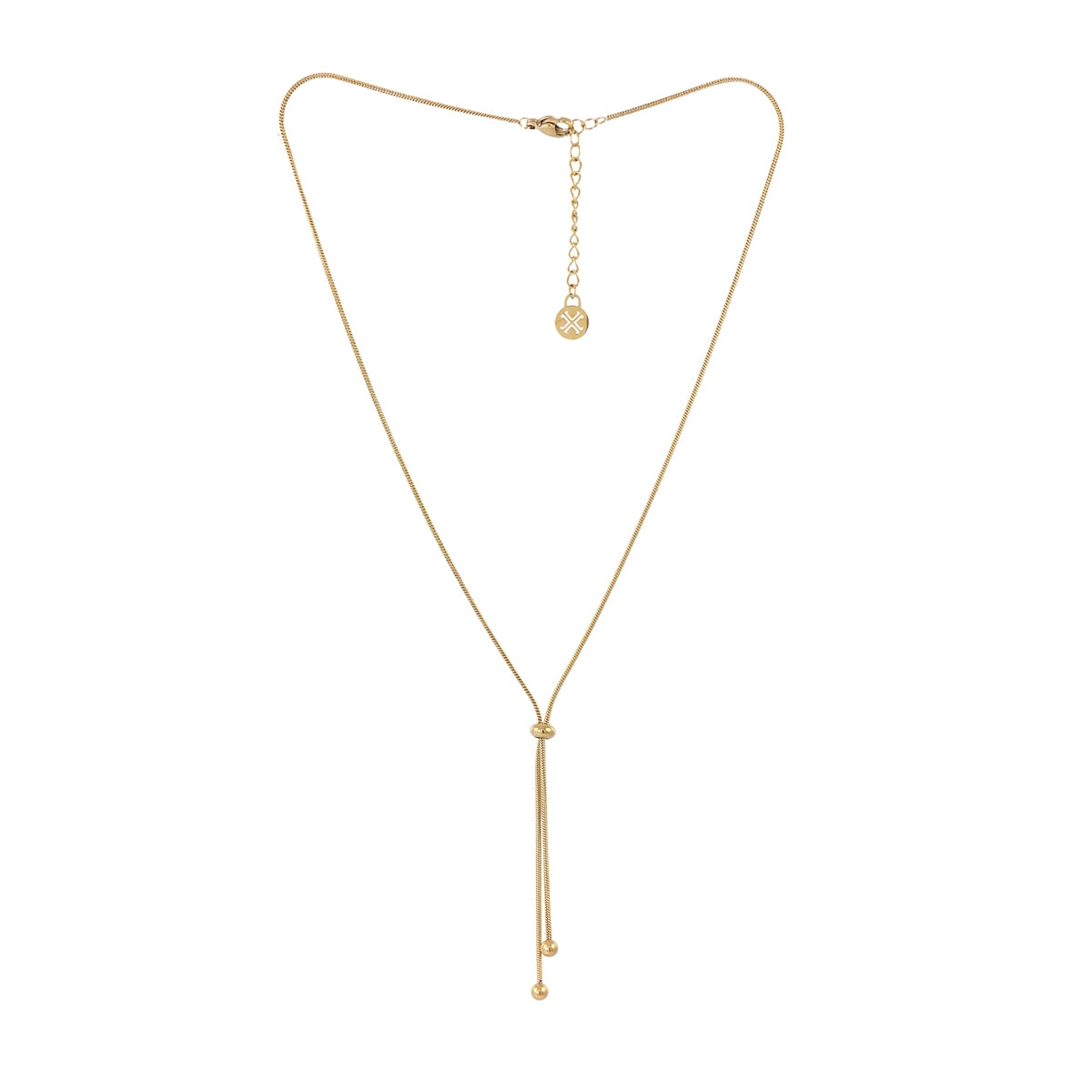 Collar Infinity Alive dorado en acero inoxidable sobre fondo blanco, diseño minimalista y ajustable