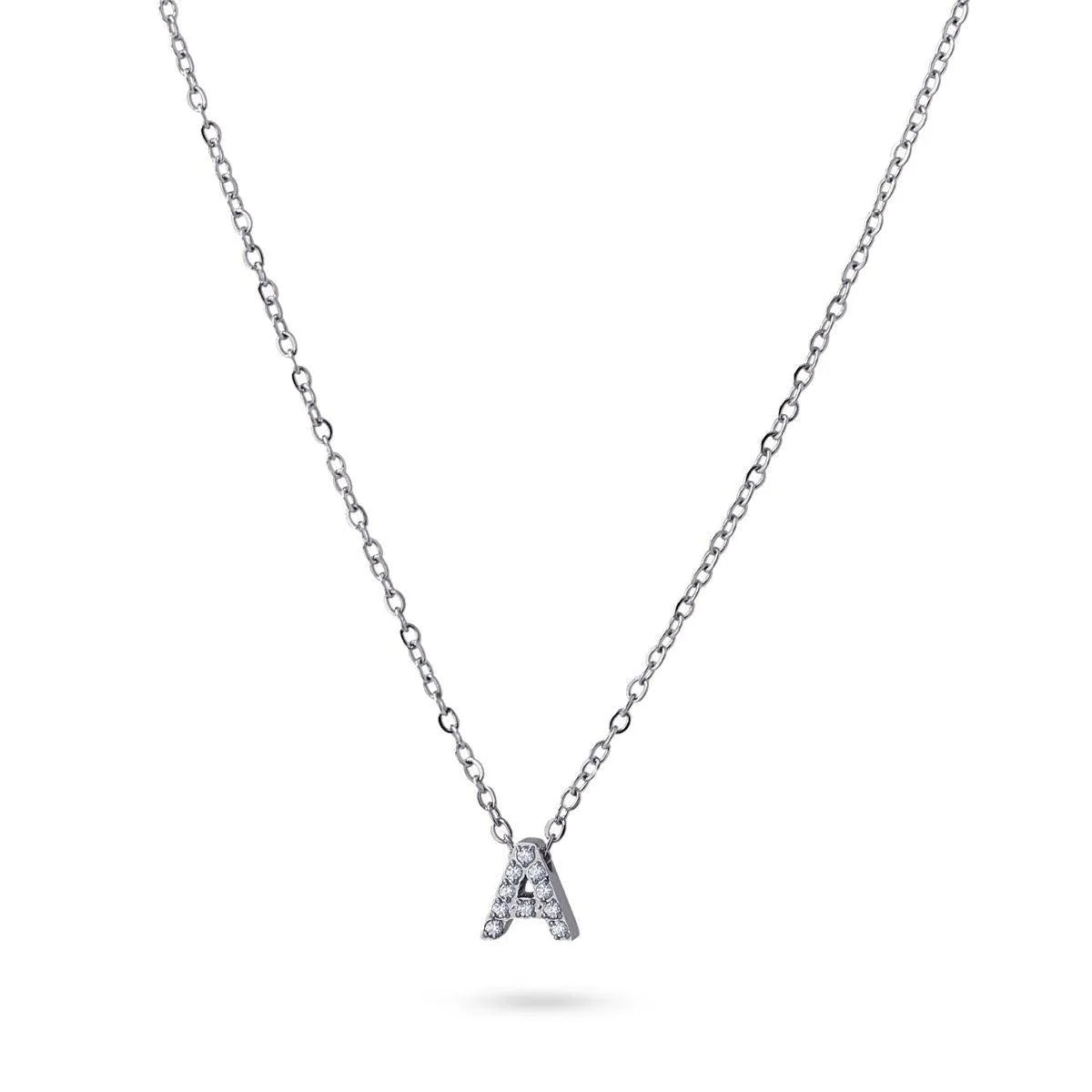 Collar Inicial A con circonitas en acero inoxidable plateado, diseño elegante y moderno, Cobalto Accesorios.