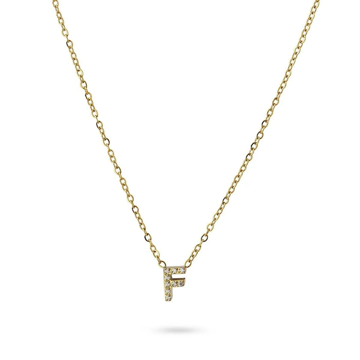 Collar Inicial F con circonitas en acero inoxidable dorado, diseño elegante y moderno, Cobalto Accesorios