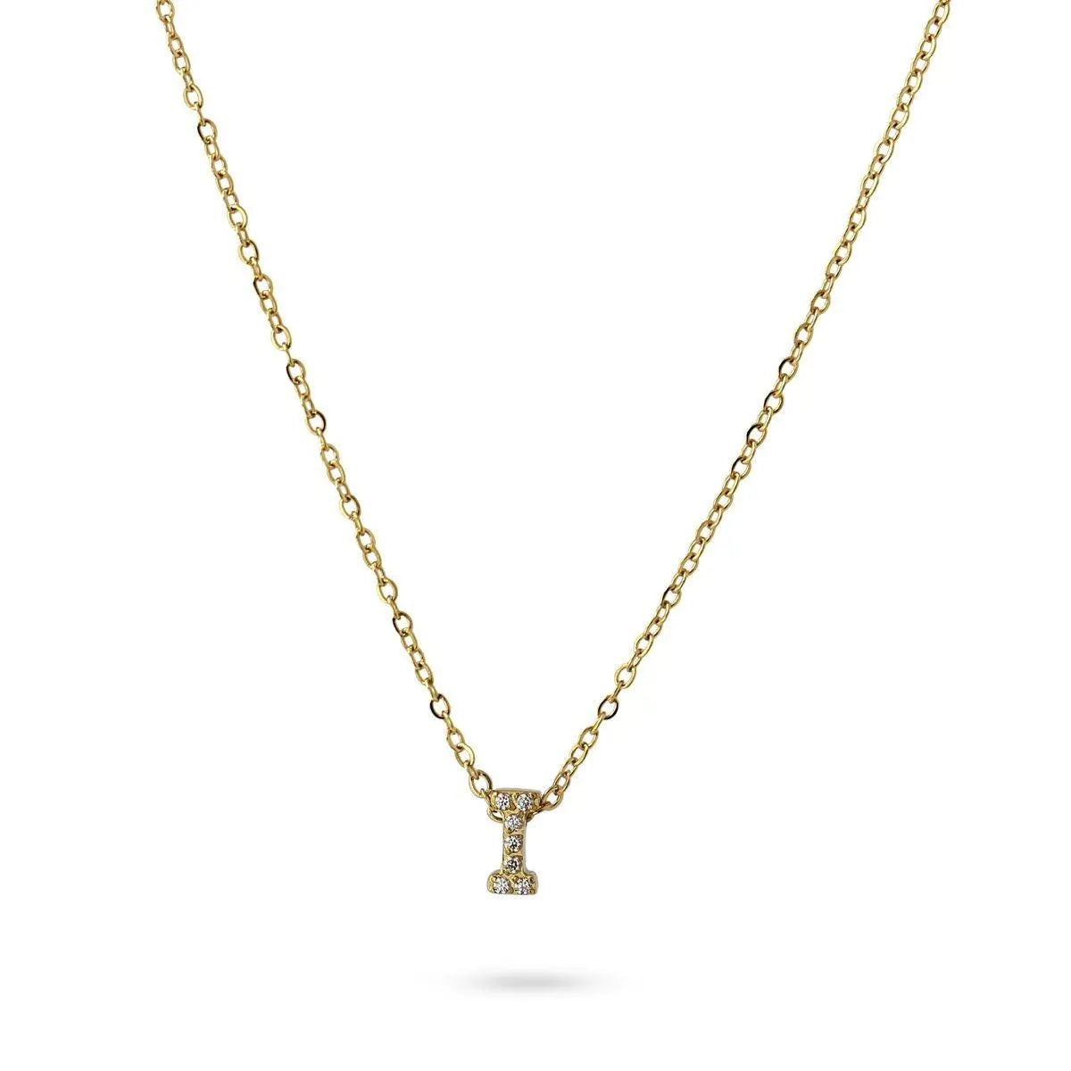 Collar Inicial I con circonitas en acero inoxidable dorado, diseño elegante y moderno, Cobalto Accesorios.