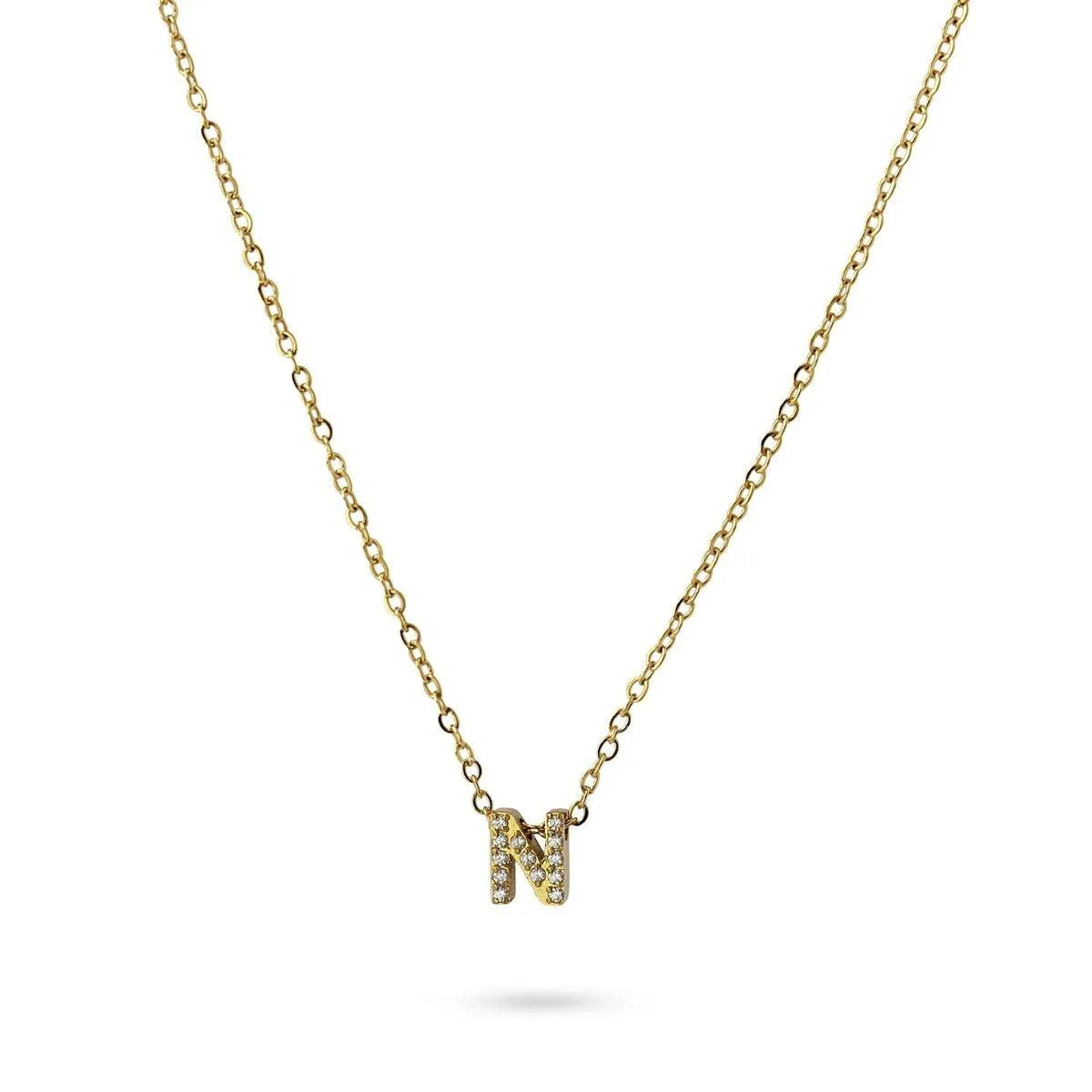 Collar Inicial N con circonitas en acero inoxidable dorado, diseño elegante y moderno, Cobalto Accesorios.