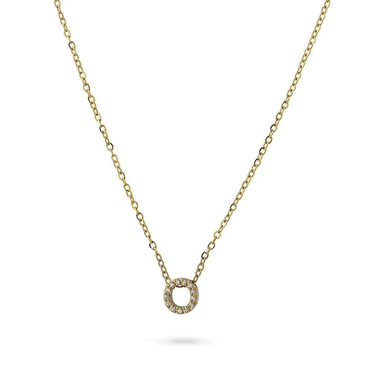 Collar Inicial O con circonitas en acero inoxidable dorado, diseño elegante y moderno, Cobalto Accesorios.