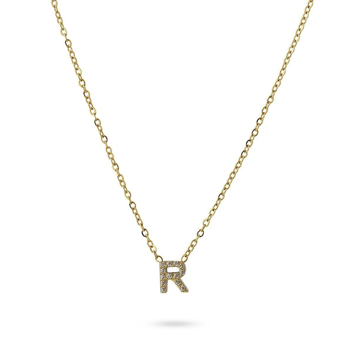 Collar Inicial R con circonitas en acero inoxidable dorado, diseño elegante y moderno, Cobalto Accesorios.