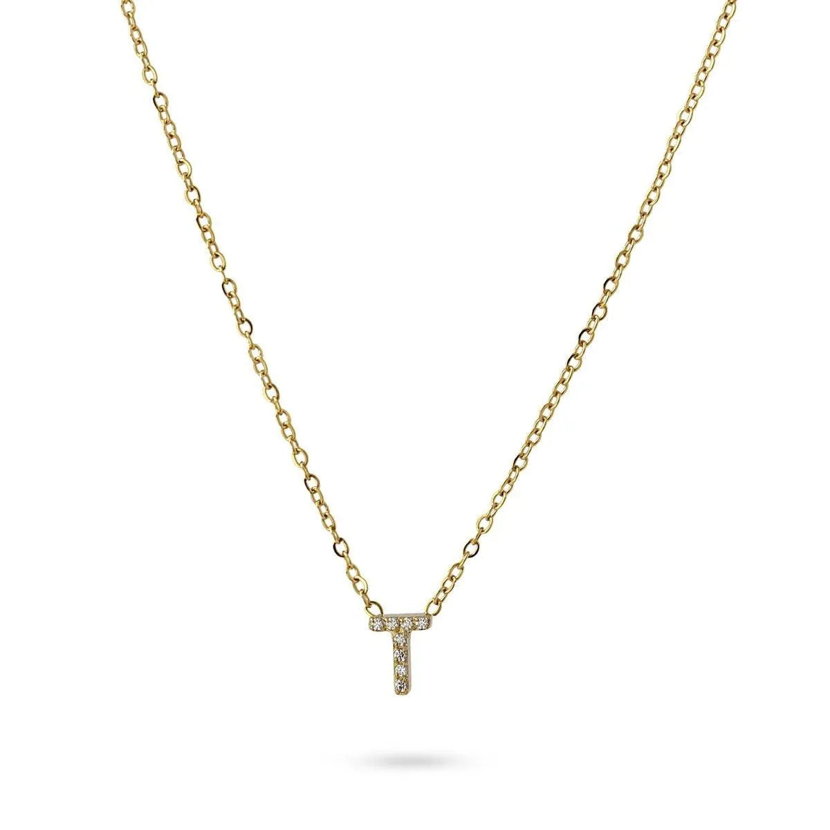 Collar Inicial T con circonitas en acero inoxidable dorado, diseño elegante y moderno, Cobalto Accesorios.