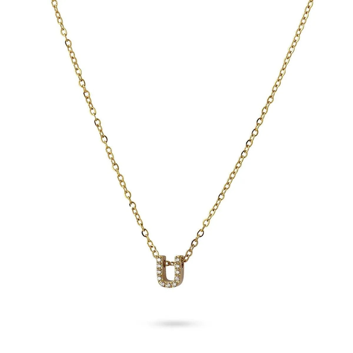 Collar Inicial U con circonitas en acero inoxidable dorado, diseño elegante y moderno, Cobalto Accesorios.