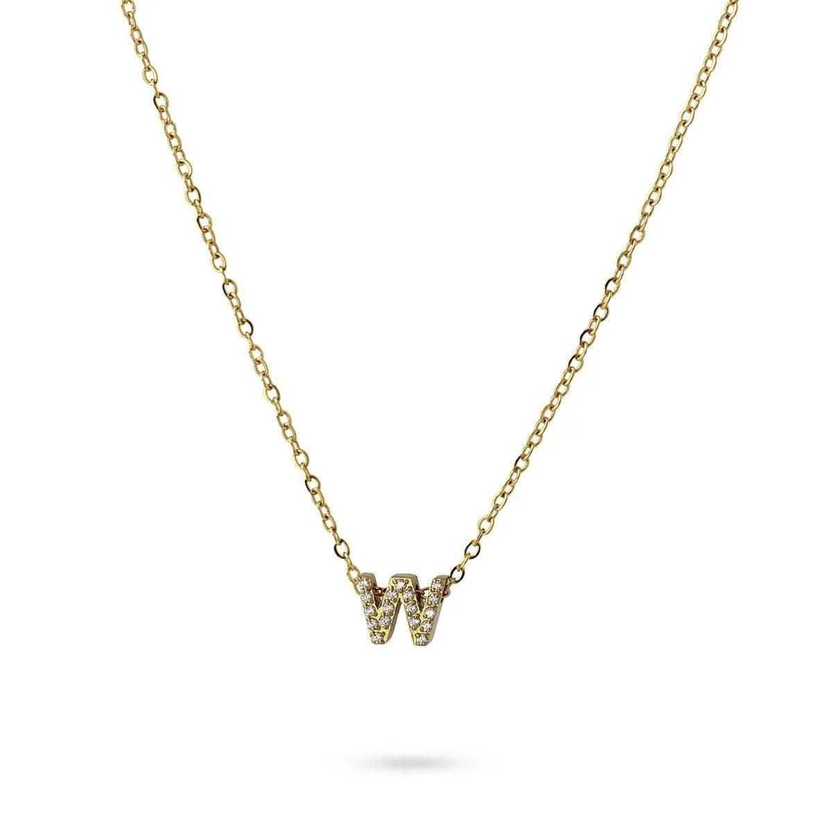 Collar Inicial W con circonitas en acero inoxidable dorado, diseño elegante y moderno, Cobalto Accesorios.