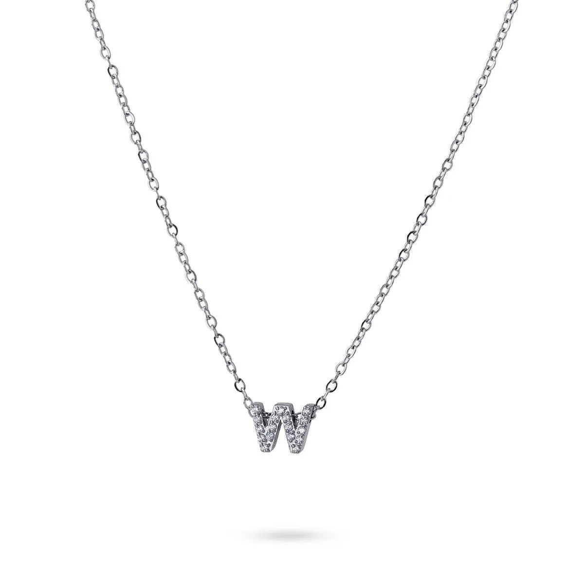 Collar Inicial W con circonitas en acero inoxidable plateado, diseño elegante y moderno, Cobalto Accesorios.
