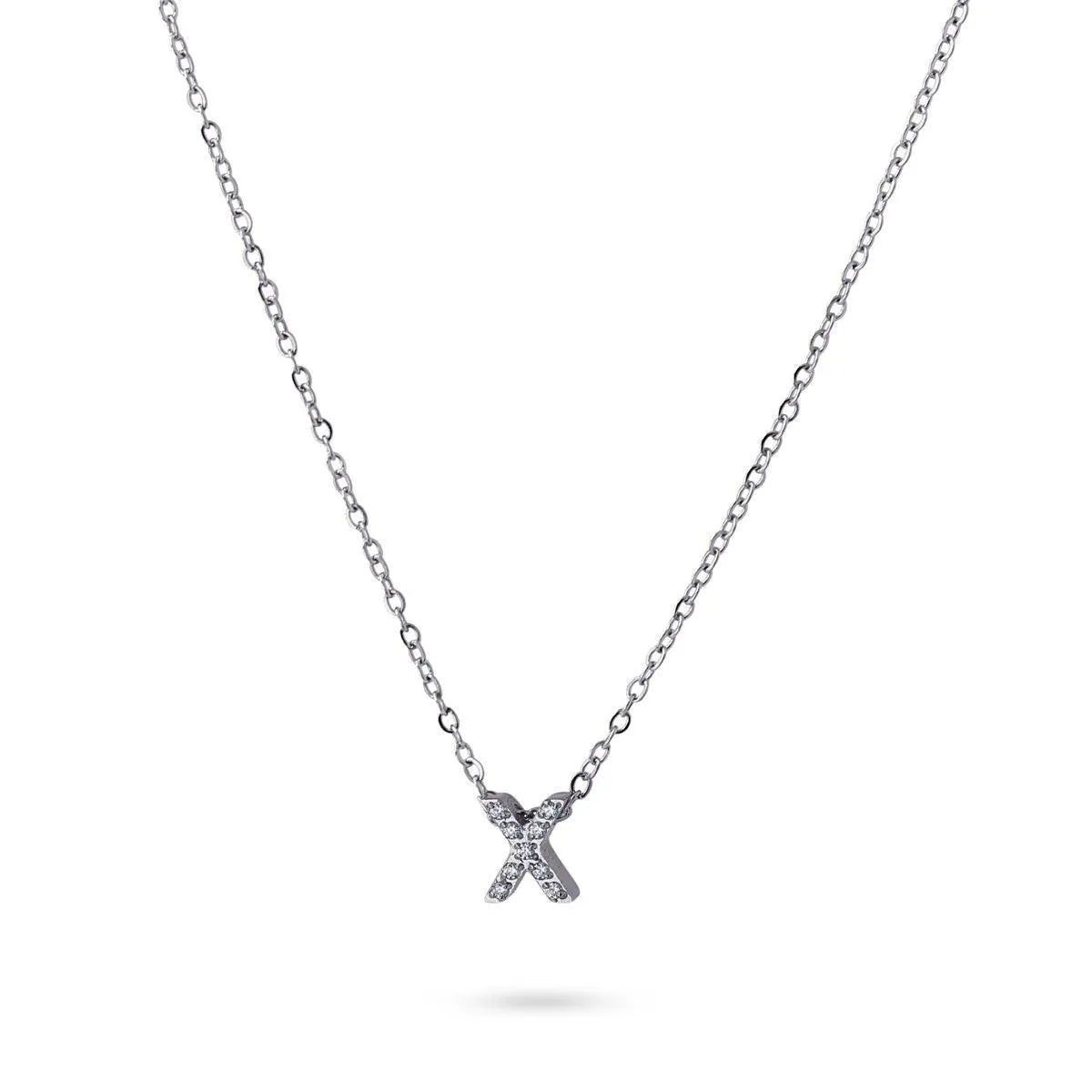 Collar Inicial X con circonitas en acero inoxidable plateado, diseño elegante y moderno, Cobalto Accesorios.
