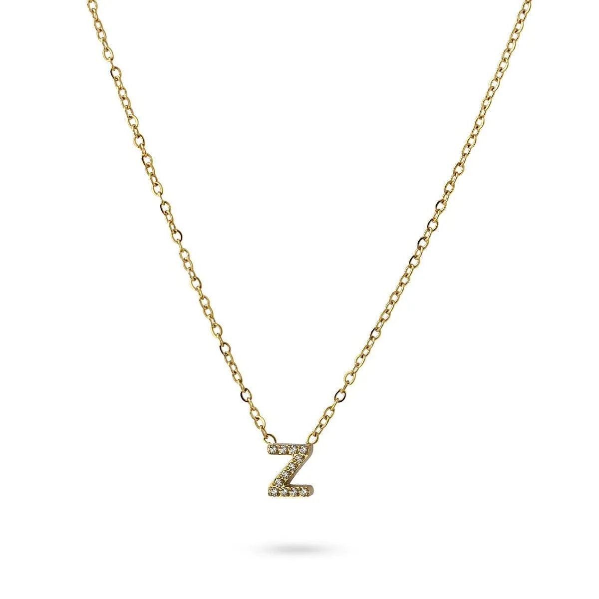 Collar Inicial Z con circonitas en acero inoxidable dorado, diseño elegante y moderno, Cobalto Accesorios.