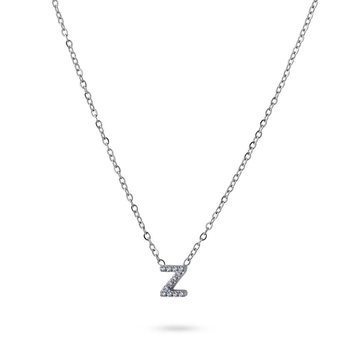 Collar Inicial Z con circonitas en acero inoxidable plateado, diseño elegante y moderno, Cobalto Accesorios.
