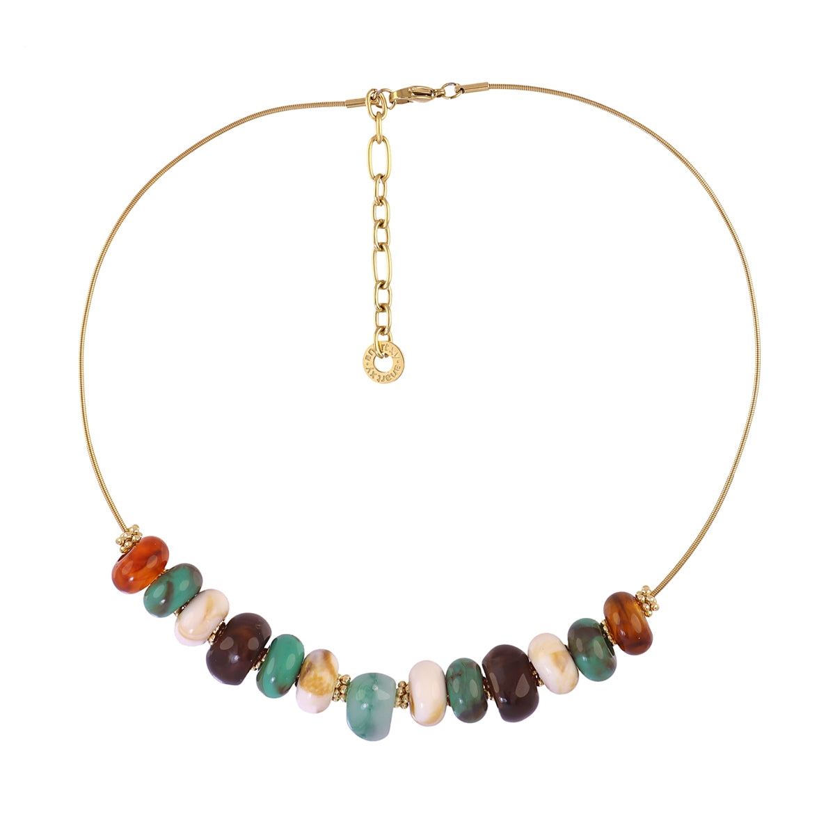 Collar Marbles Slow de resina multicolor con acero dorado – joya colorida y moderna de Cobalto Accesorios.