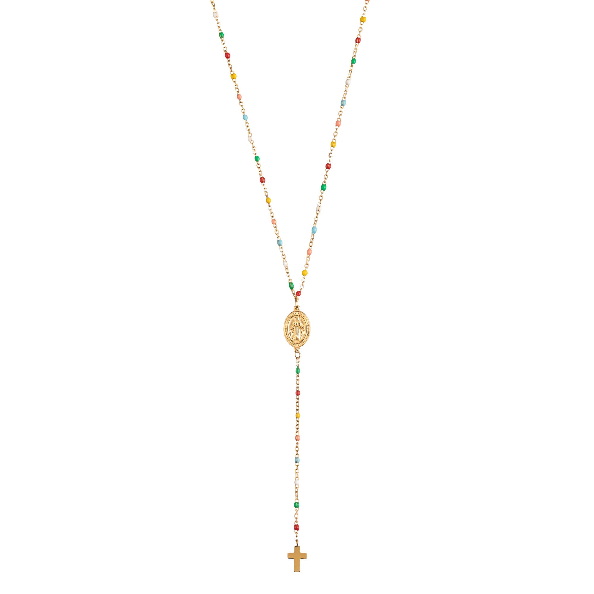 Collar rosario multicolor dorado con medalla Virgen y cruz colgante en acero inoxidable