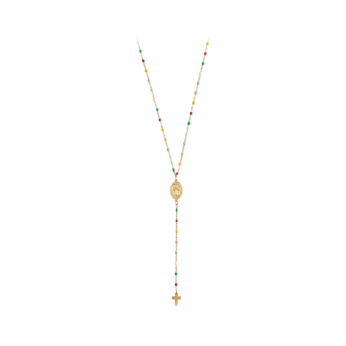 Collar Rosario Multicolor con Virgen y Cruz Dorado, rosario con medalla y cruz colgante
