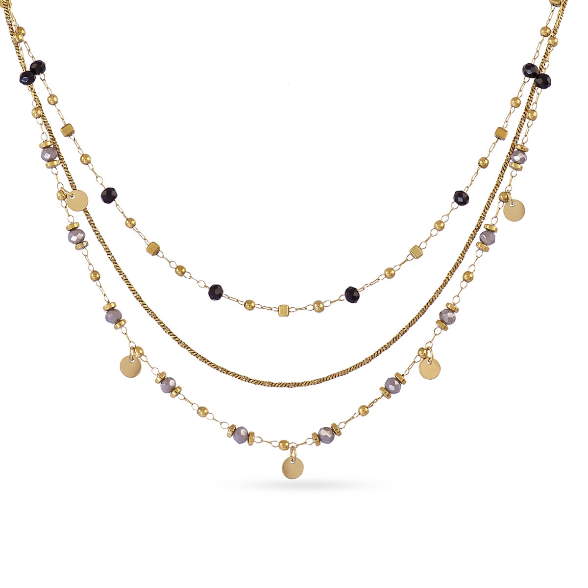 Detalle del colgante y cristales del collar Spirit Vilo dorado de acero hipoalergénico
